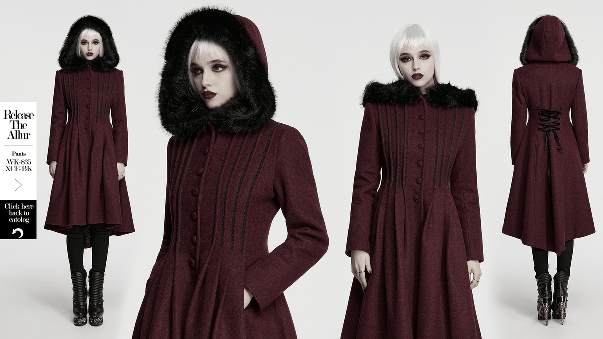 Gothic Burgundy Wool Coat with Fur Hood for Women