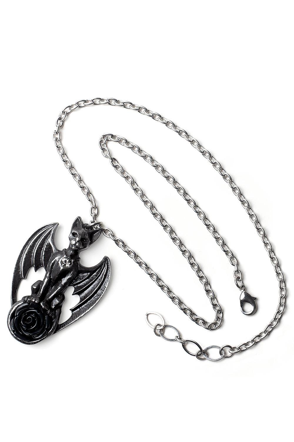 Gothic Cat With Wings and Rose Pendant Necklace