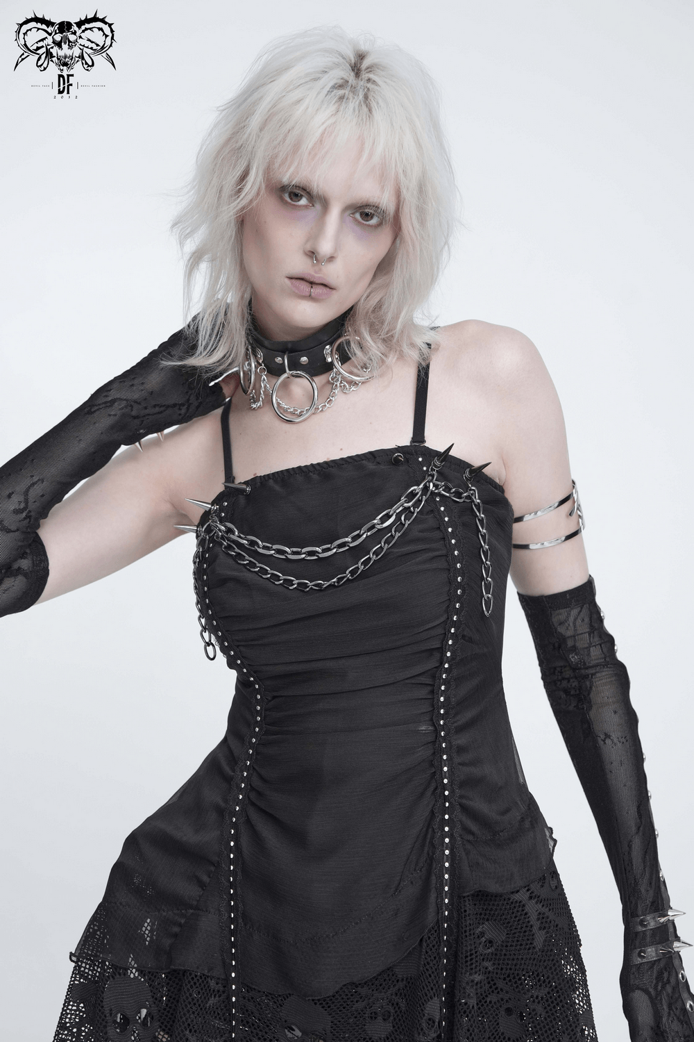 Gothic Chain and Spike Asymmetric Lace Tunic Top