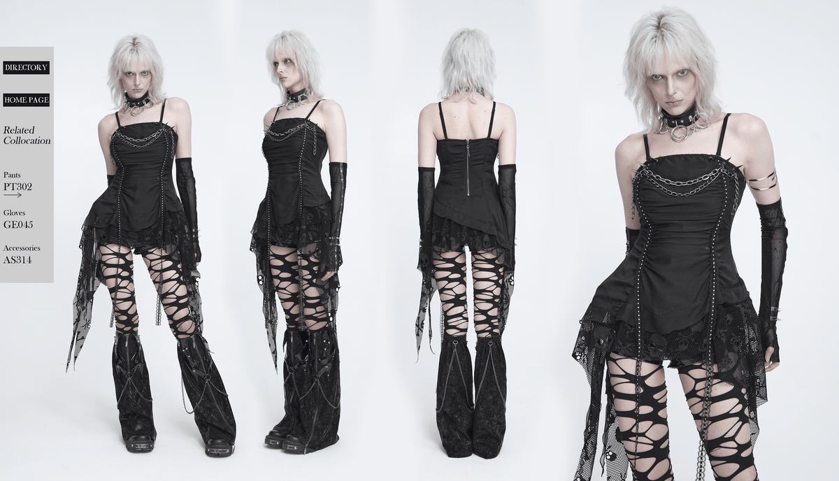 Gothic Chain and Spike Asymmetric Lace Tunic Top