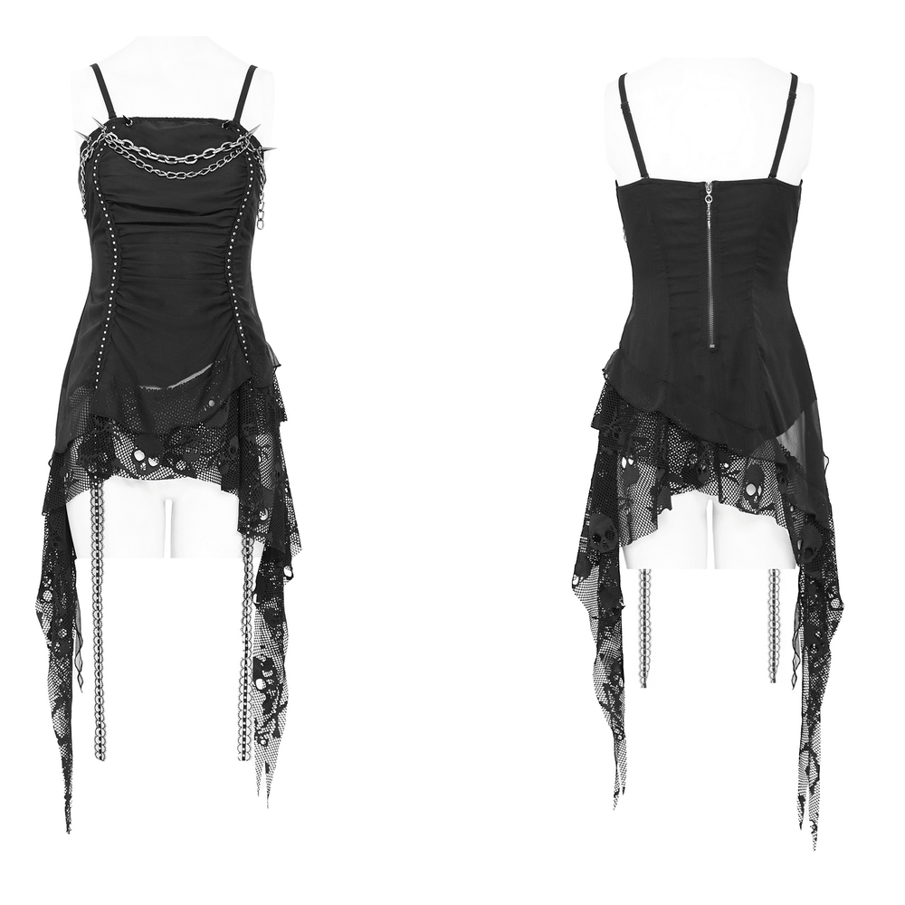Gothic Chain and Spike Asymmetric Lace Tunic Top