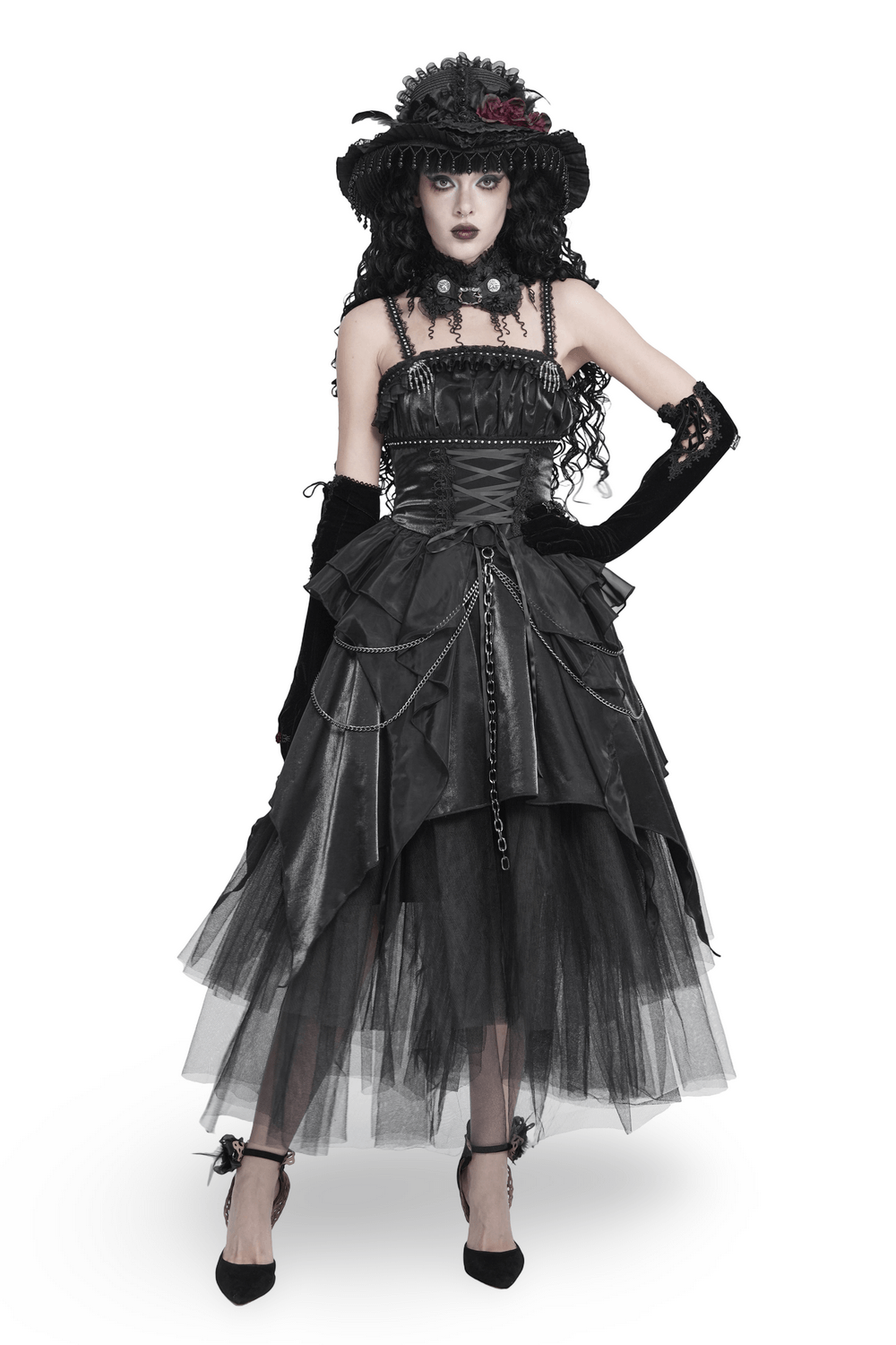 Gothic Corset Dress with Chains and Layered Tulle