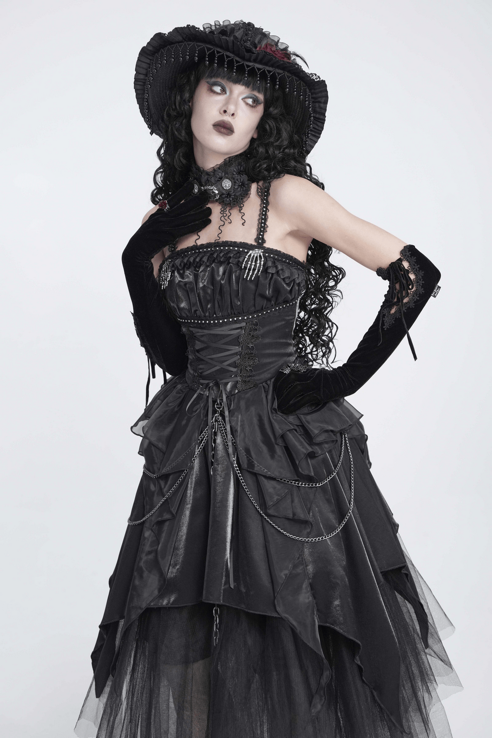 Gothic Corset Dress with Chains and Layered Tulle