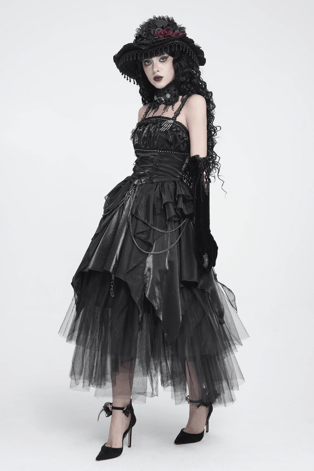 Gothic Corset Dress with Chains and Layered Tulle