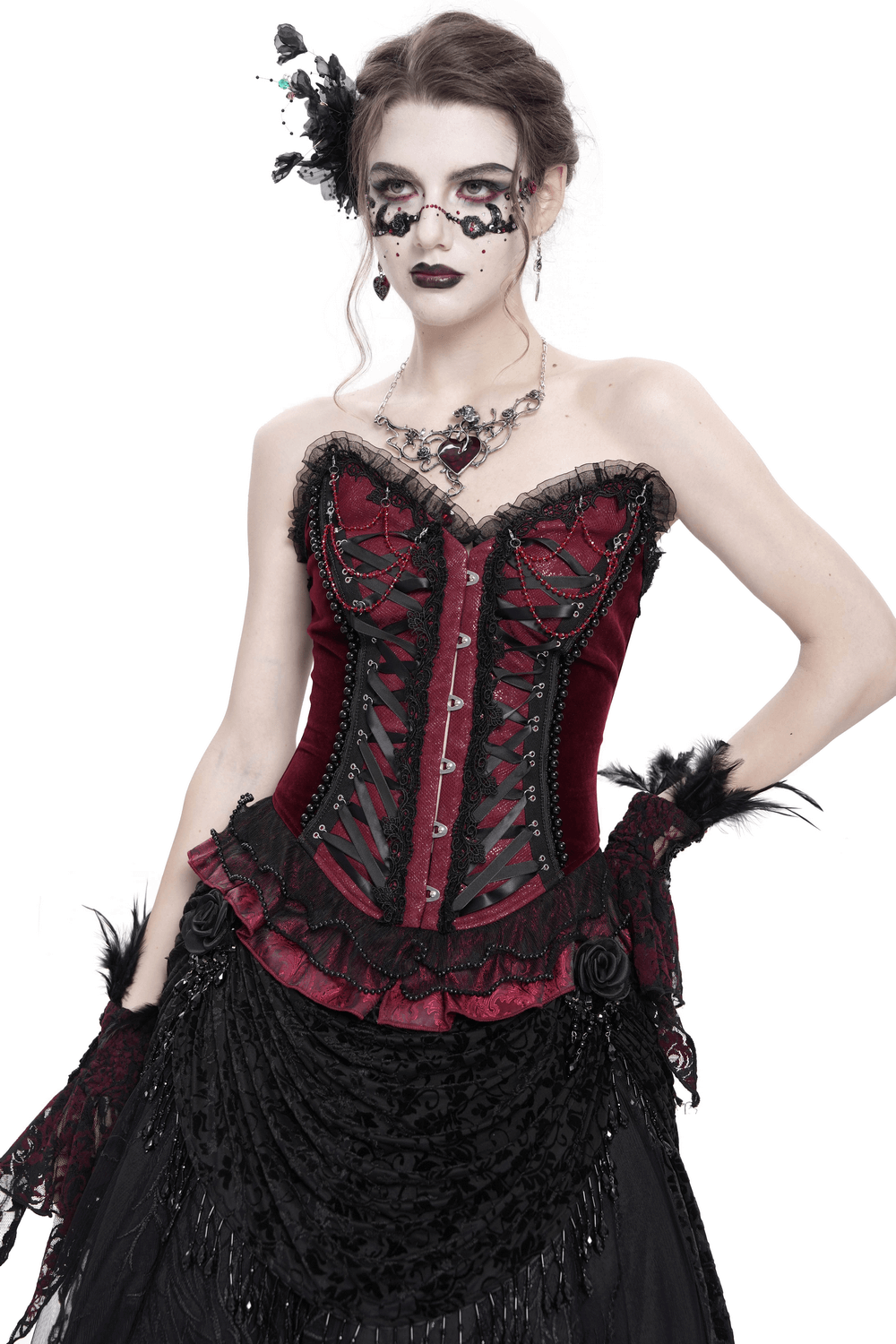 Gothic Corset with Lace Trim and Satin Ribbon Lacing