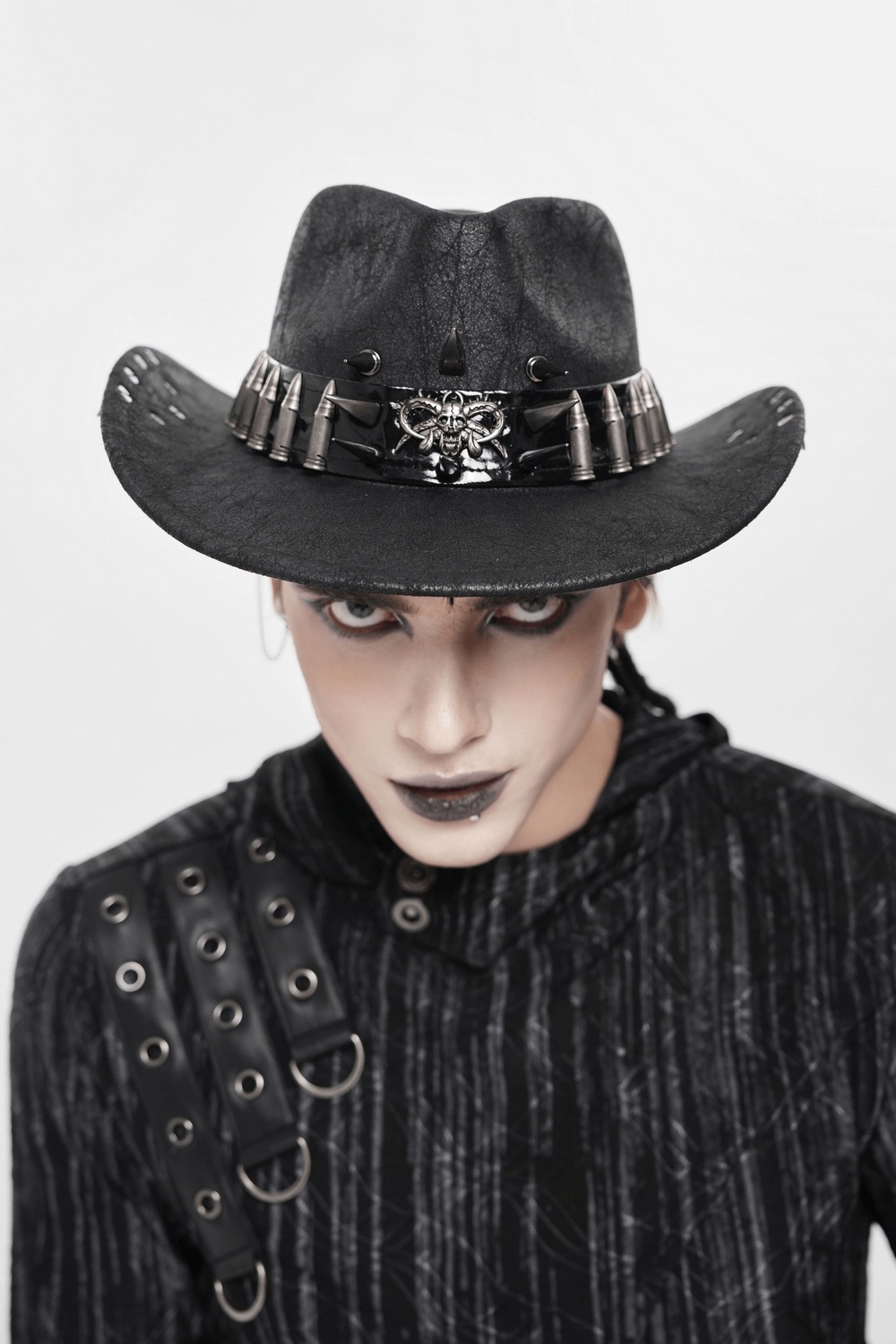 Gothic Cowboy Hat with Metal Bullets and Skull Design
