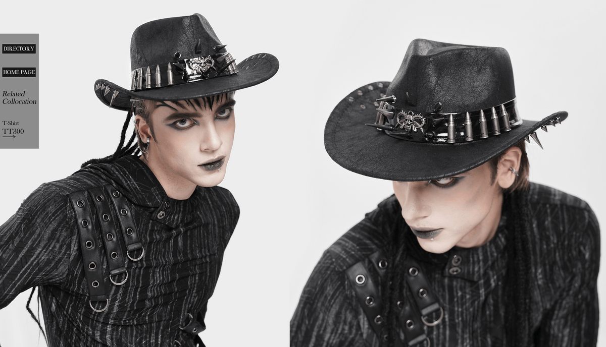 Gothic Cowboy Hat with Metal Bullets and Skull Design