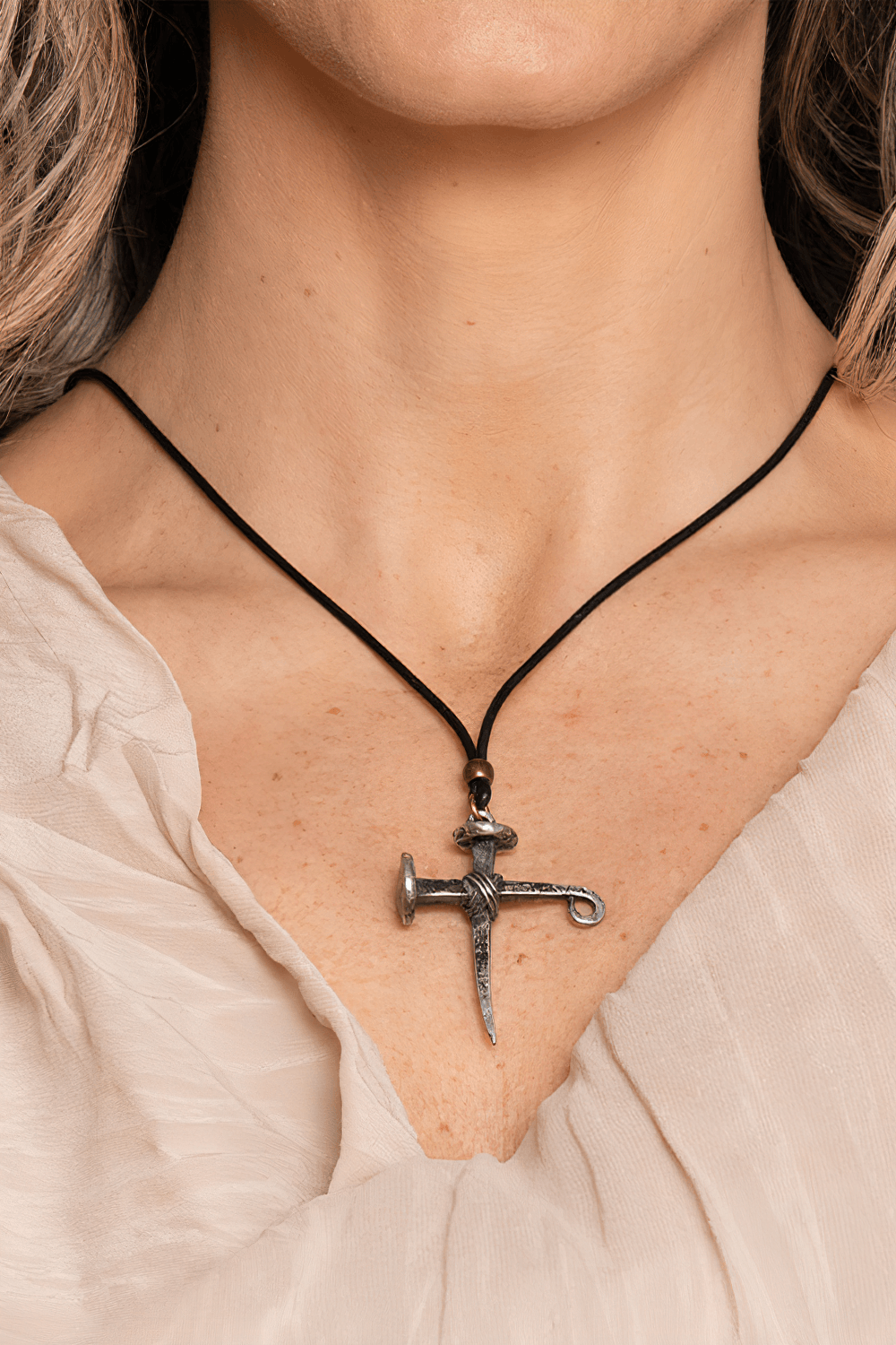 Gothic Cross of Nails Pewter Amulet Necklace Pendant