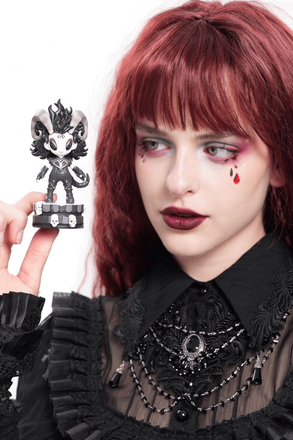 Gothic Demon Figure with Horns and Skull Base