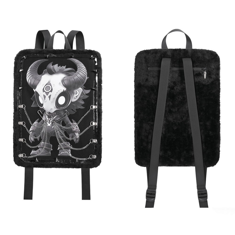 Gothic Demon Skull Backpack with Chains and Fur Trim