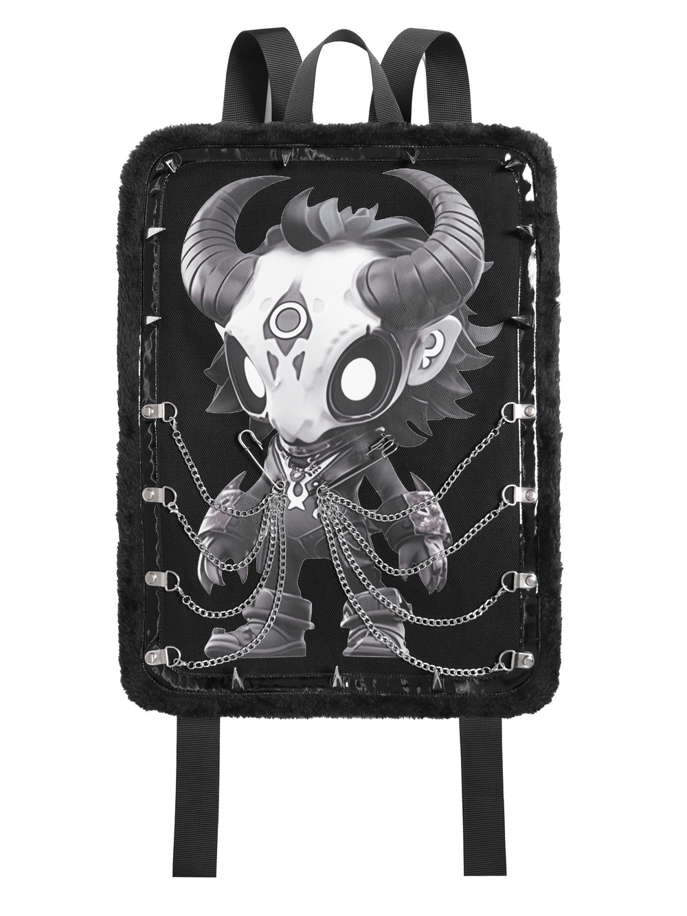 Gothic Demon Skull Backpack with Chains and Fur Trim