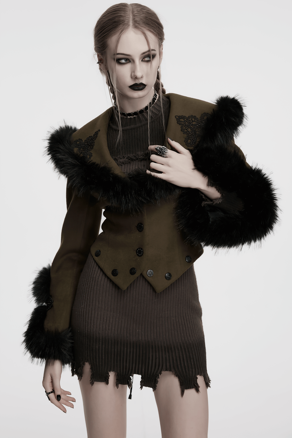 Gothic Detachable Two-Piece Woolen Coat with Fur Collar