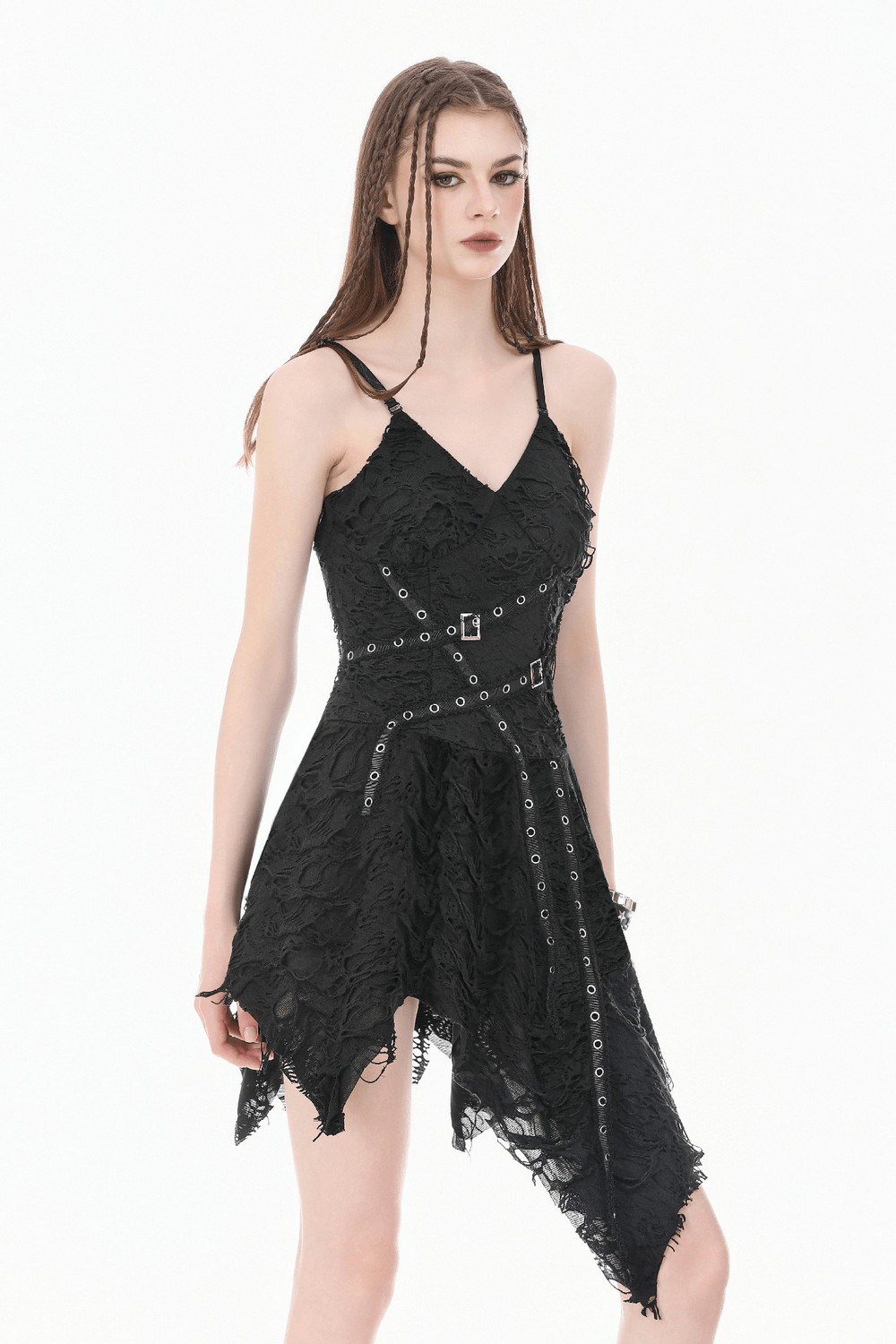 Gothic Distressed Asymmetric Dress with Double Buckle Straps