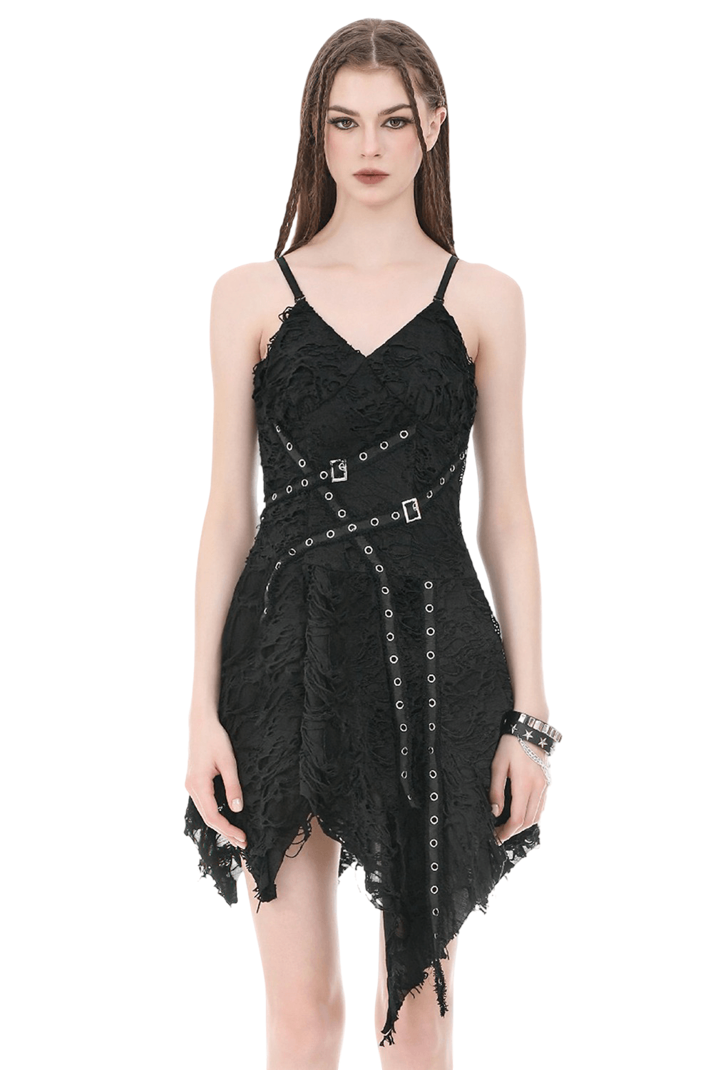 Gothic Distressed Asymmetric Dress with Double Buckle Straps