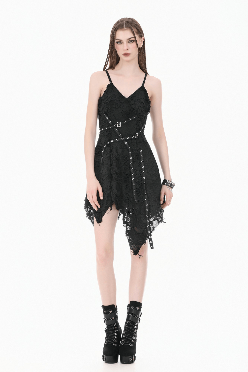 Gothic Distressed Asymmetric Dress with Double Buckle Straps
