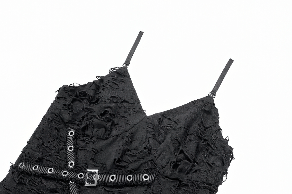 Gothic Distressed Asymmetric Dress with Double Buckle Straps