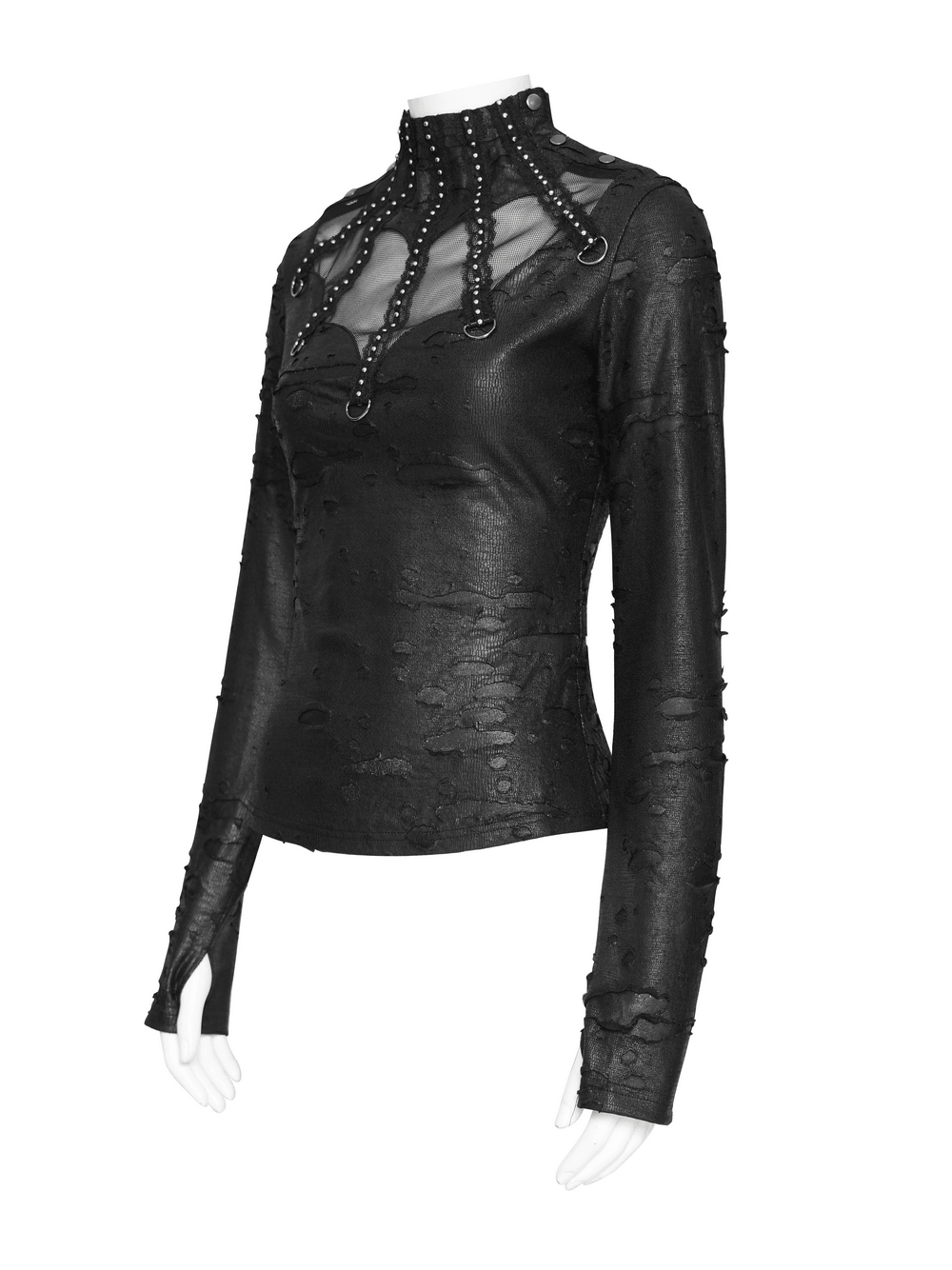 Gothic Distressed Mesh Top with Harness Ring Details
