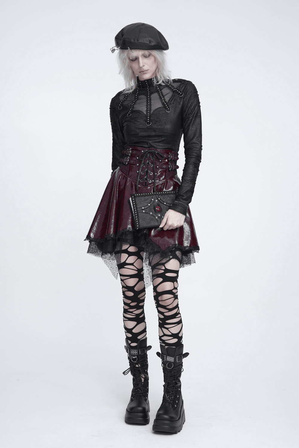 Gothic Distressed Mesh Top with Harness Ring Details