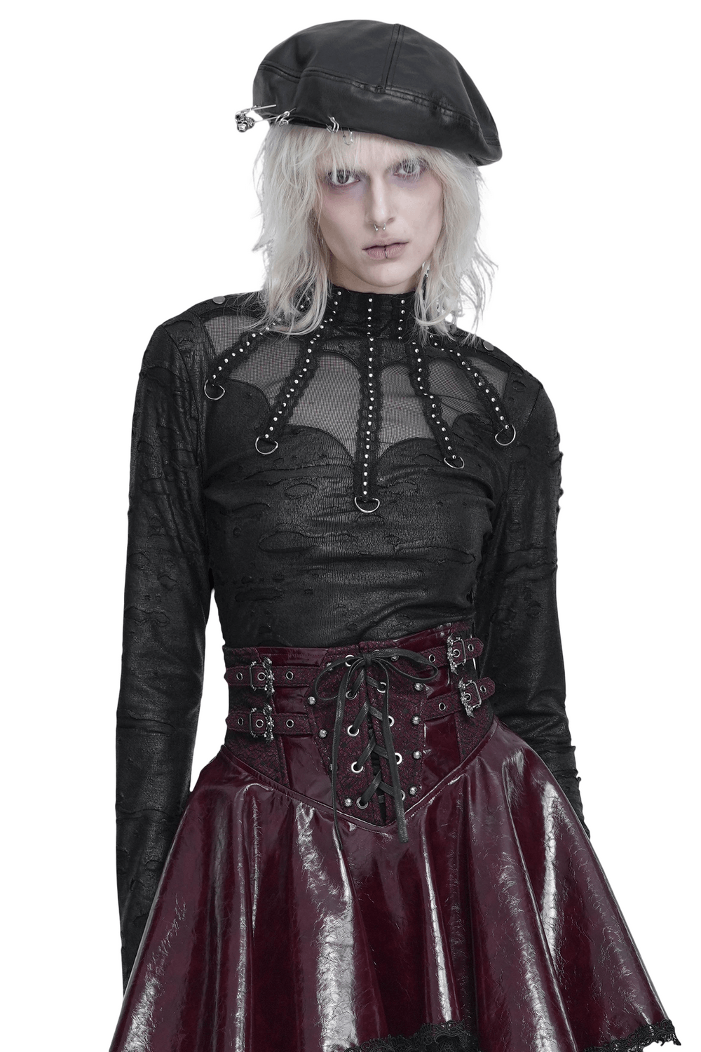 Gothic Distressed Mesh Top with Harness Ring Details