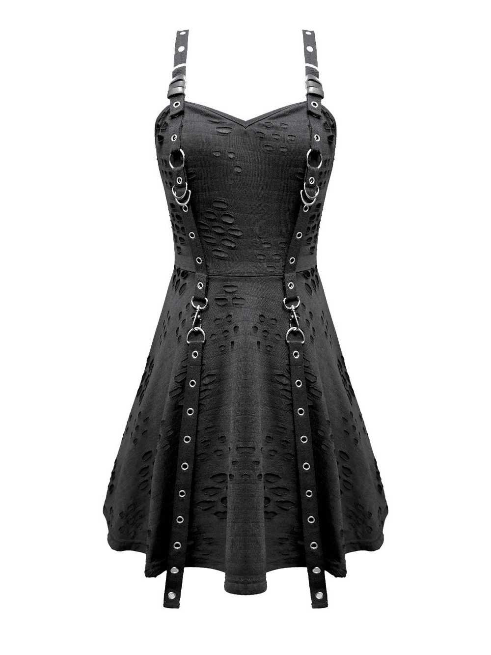 Gothic Distressed Mini Dress with Harness Straps and Rings