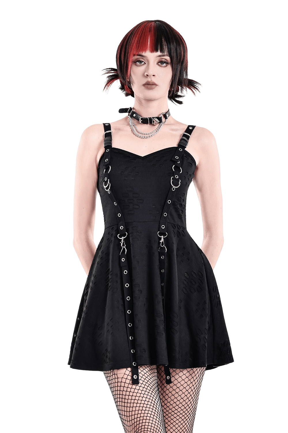 Gothic Distressed Mini Dress with Harness Straps and Rings