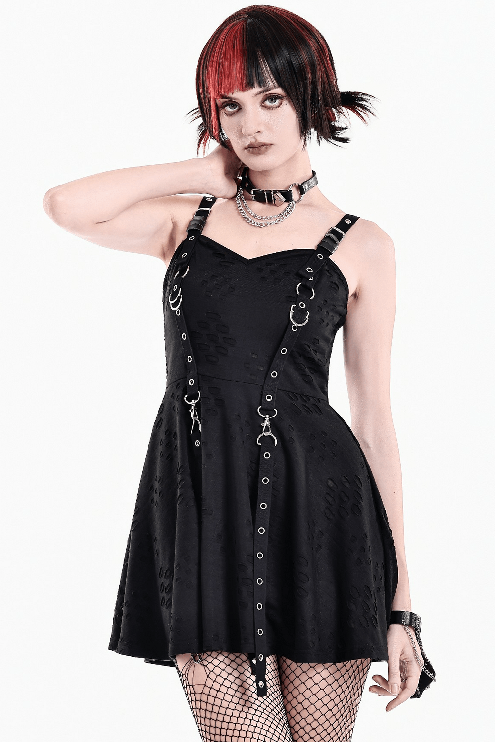 Gothic Distressed Mini Dress with Harness Straps and Rings