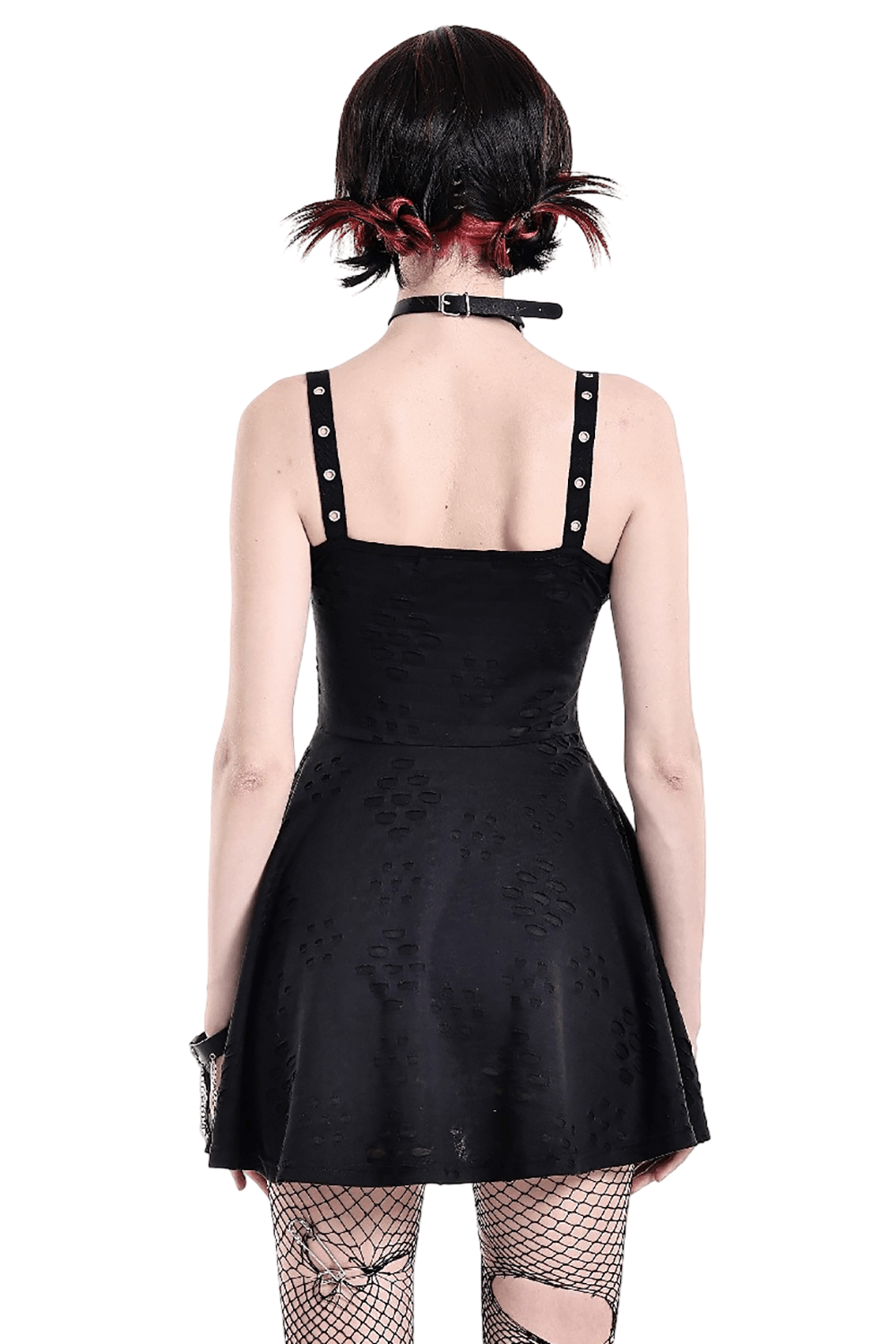 Gothic Distressed Mini Dress with Harness Straps and Rings