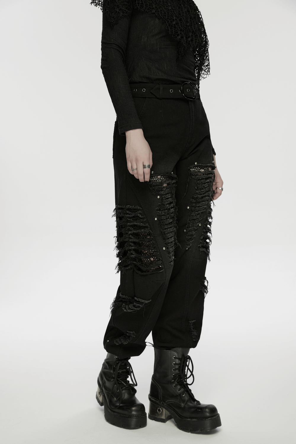 Gothic Distressed Studded Jeans with Mesh Paneling