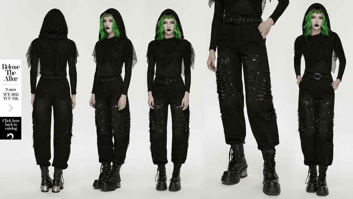 Gothic Distressed Studded Jeans with Mesh Paneling