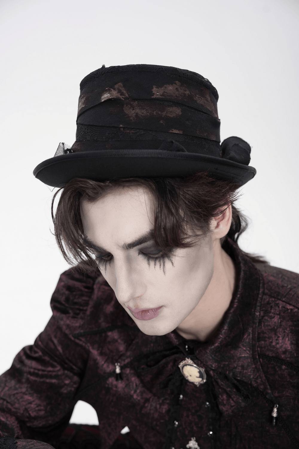 Gothic Distressed Top Hat With Vintage Lace Trim