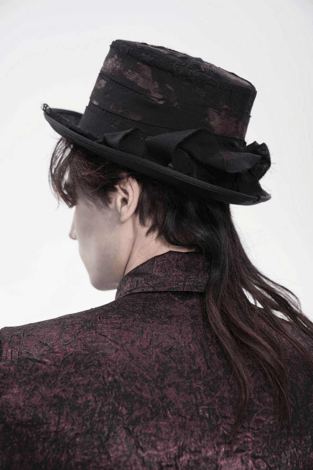 Gothic Distressed Top Hat With Vintage Lace Trim