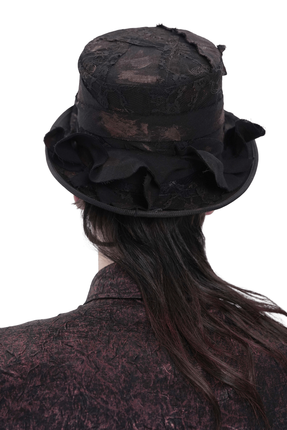 Gothic Distressed Top Hat With Vintage Lace Trim