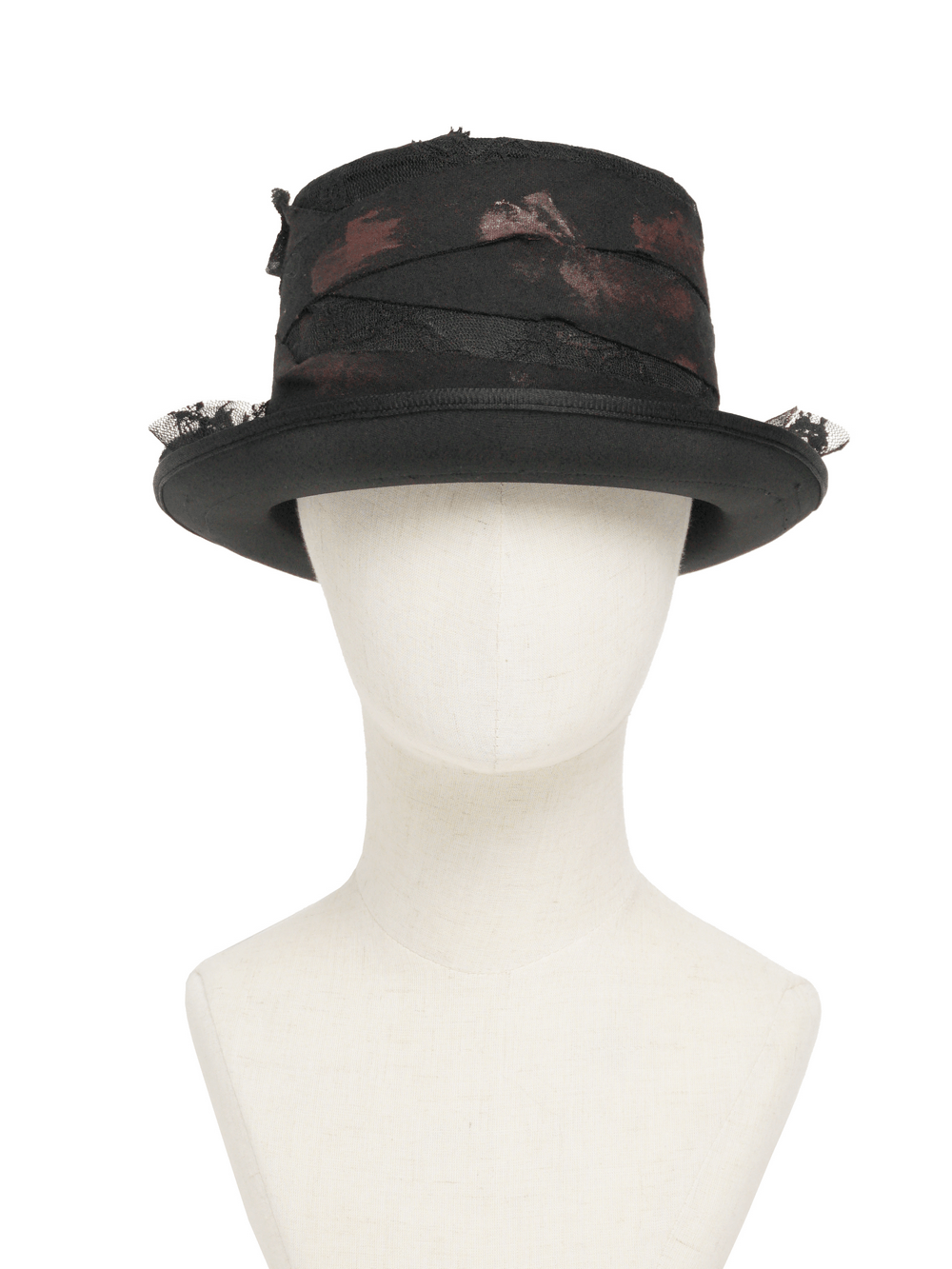 Gothic Distressed Top Hat With Vintage Lace Trim