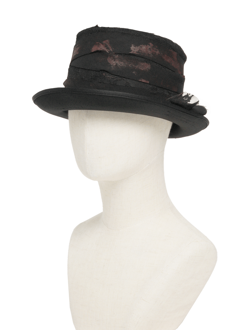 Gothic Distressed Top Hat With Vintage Lace Trim
