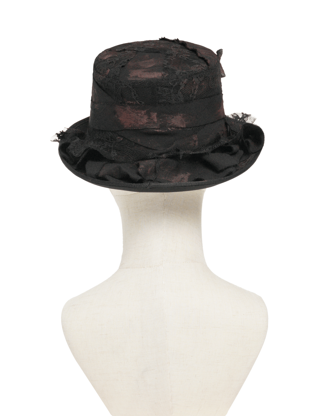 Gothic Distressed Top Hat With Vintage Lace Trim