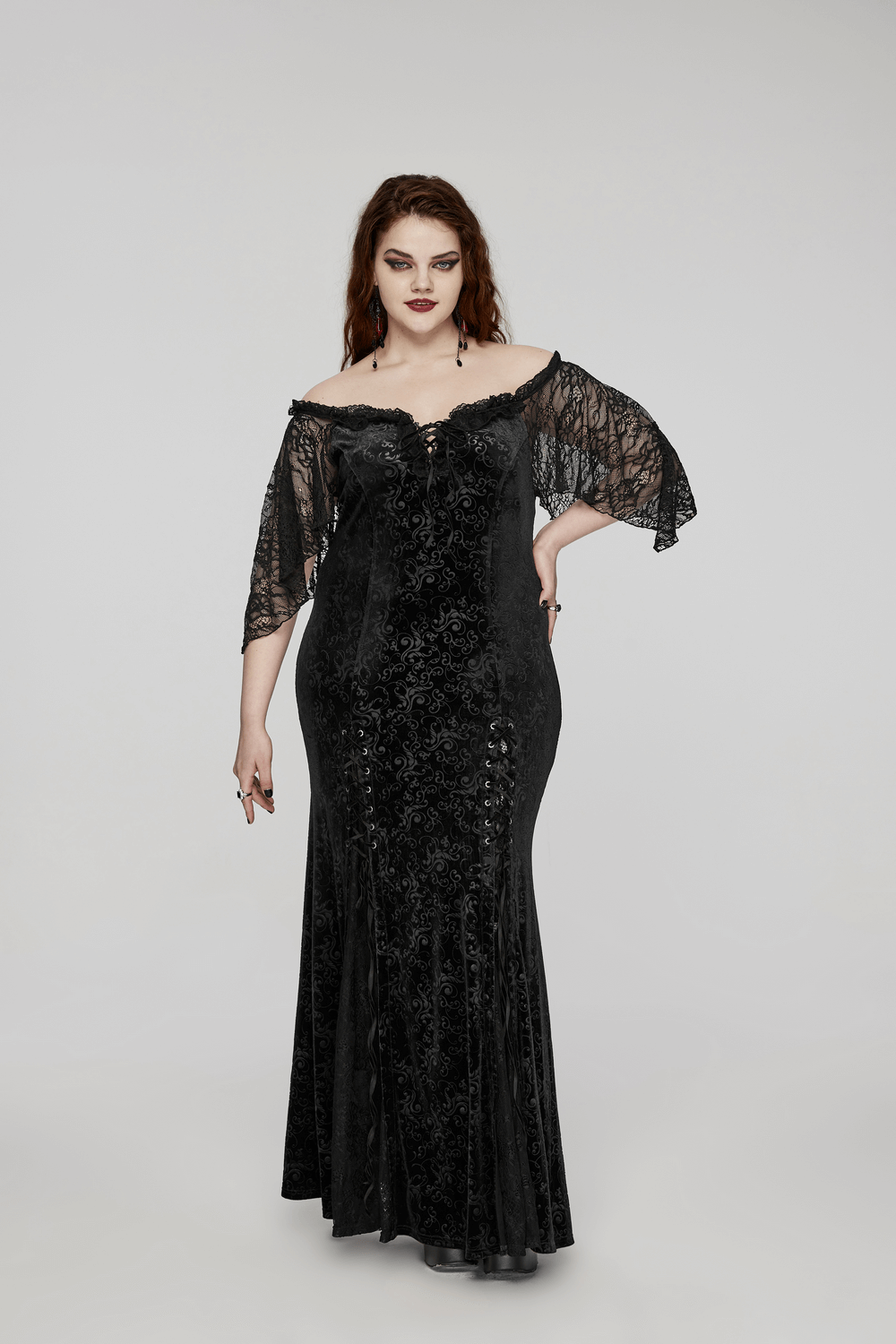 Gothic Elegance Velvet Lace-Up Long Dress in Black