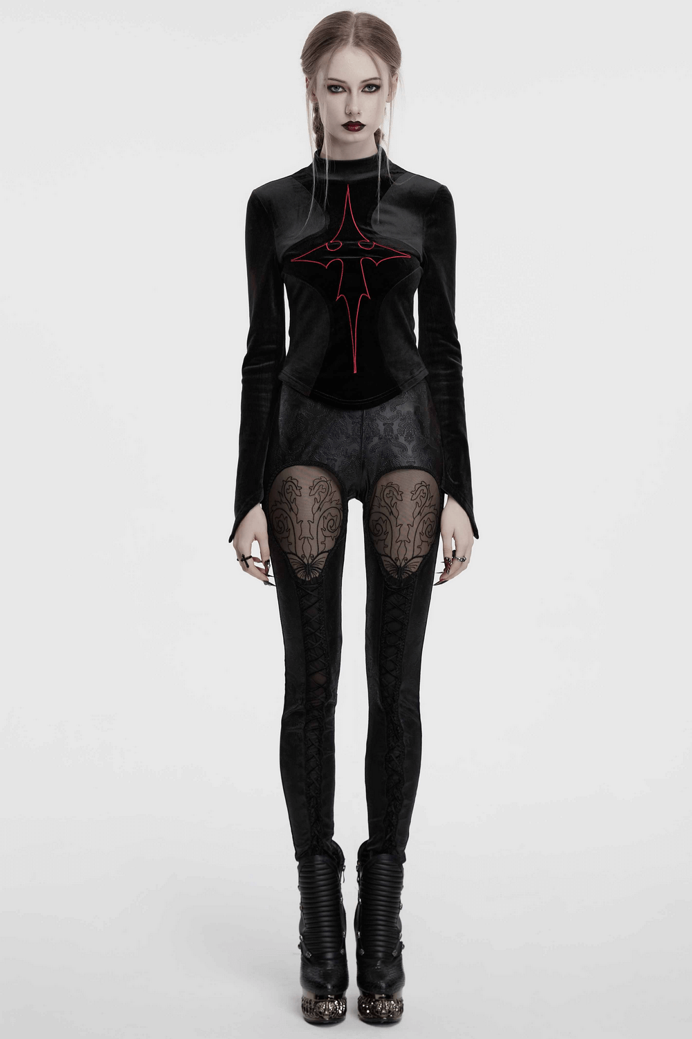 Gothic Embossed Hollow Out Leggings with Drawstrings
