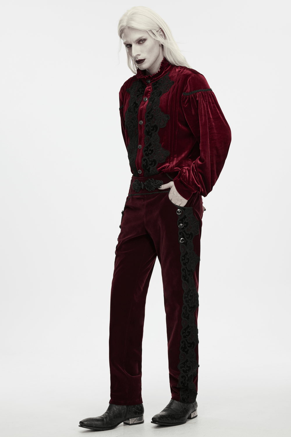 Gothic Embroidered Pants with Lace-Up Back and Frog Button