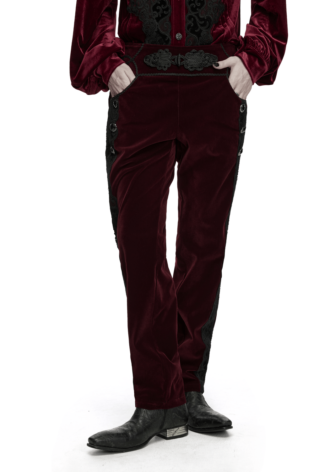 Gothic Embroidered Pants with Lace-Up Back and Frog Button