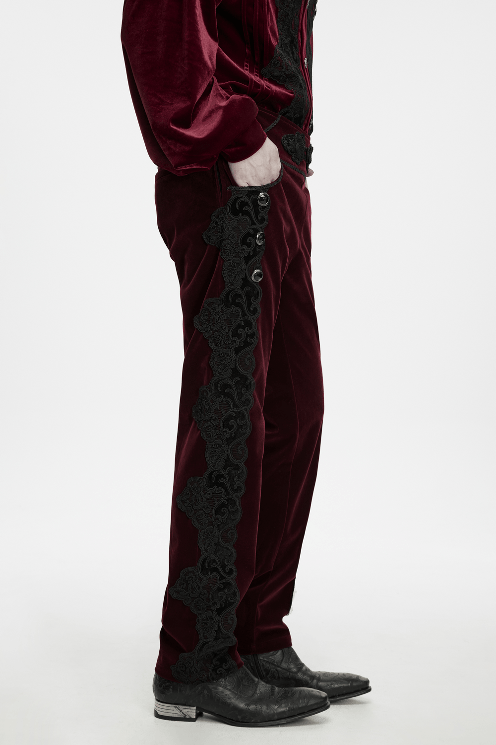 Gothic Embroidered Pants with Lace-Up Back and Frog Button