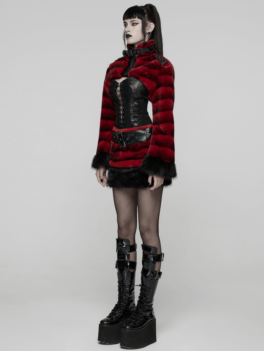 Gothic Faux Fur Mini Skirt with Belt and Studs