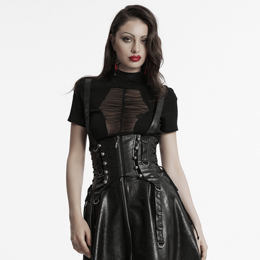 Gothic Faux Leather Corset with Straps and Metal Accents