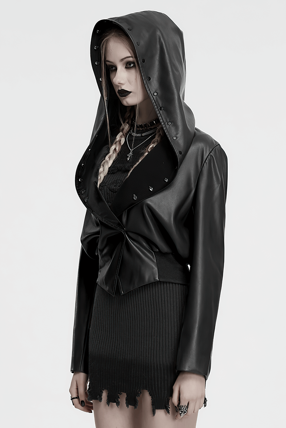 Gothic Faux Leather Jacket with Skull-Studded Brim