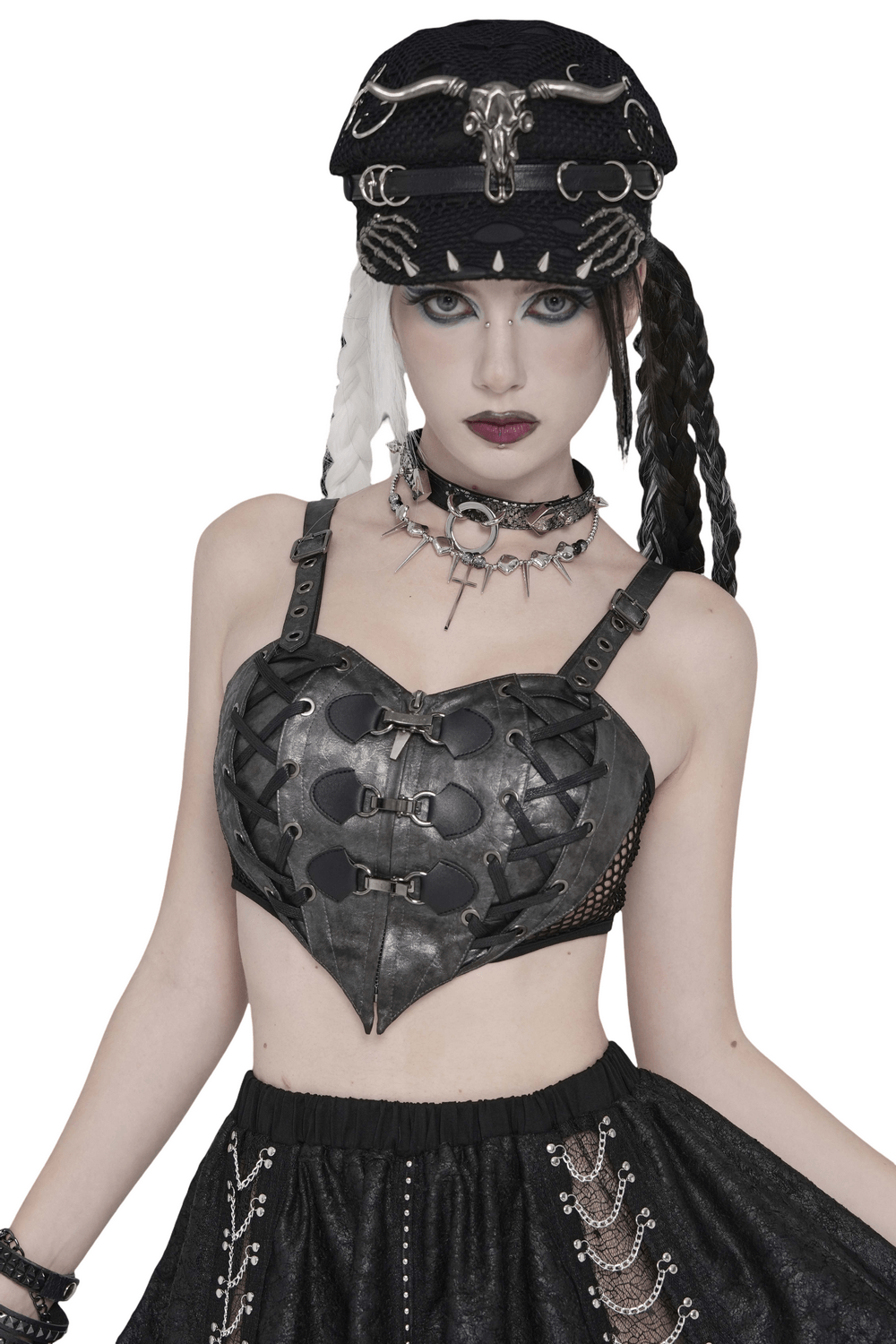 Gothic Faux Leather Lace Up Buckle Bralette Top
