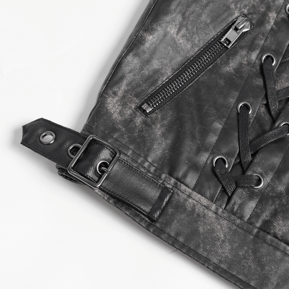 Gothic Faux Leather Vest with Zipper and Lace-Up Sides