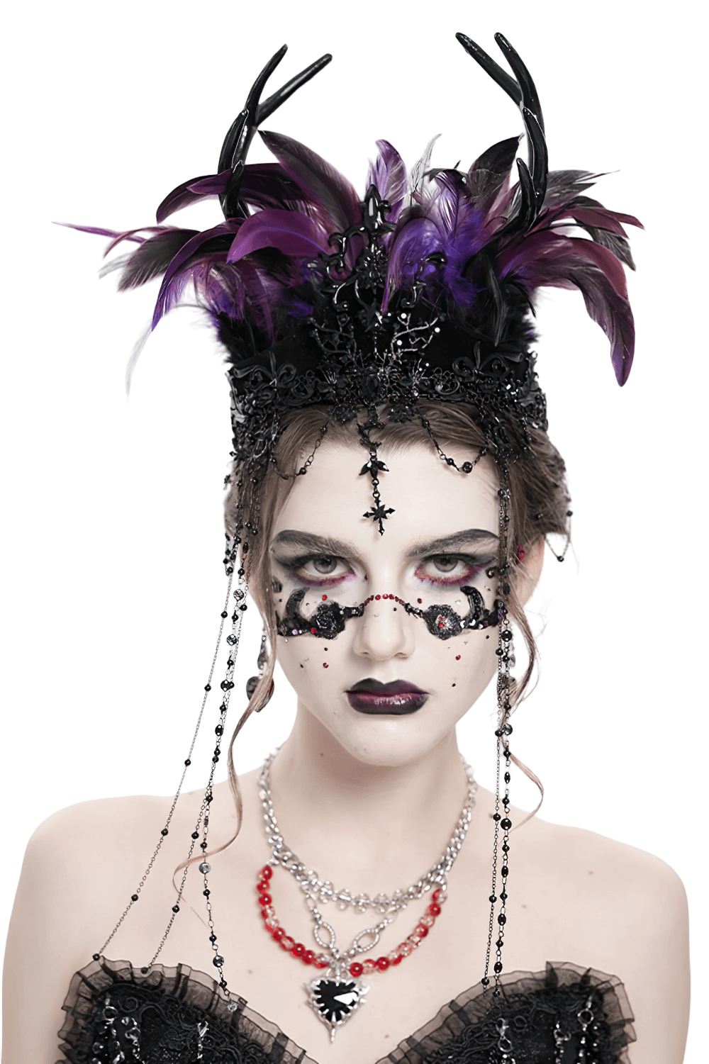 Gothic Feathered Headpiece with Chain and Cross Ornaments