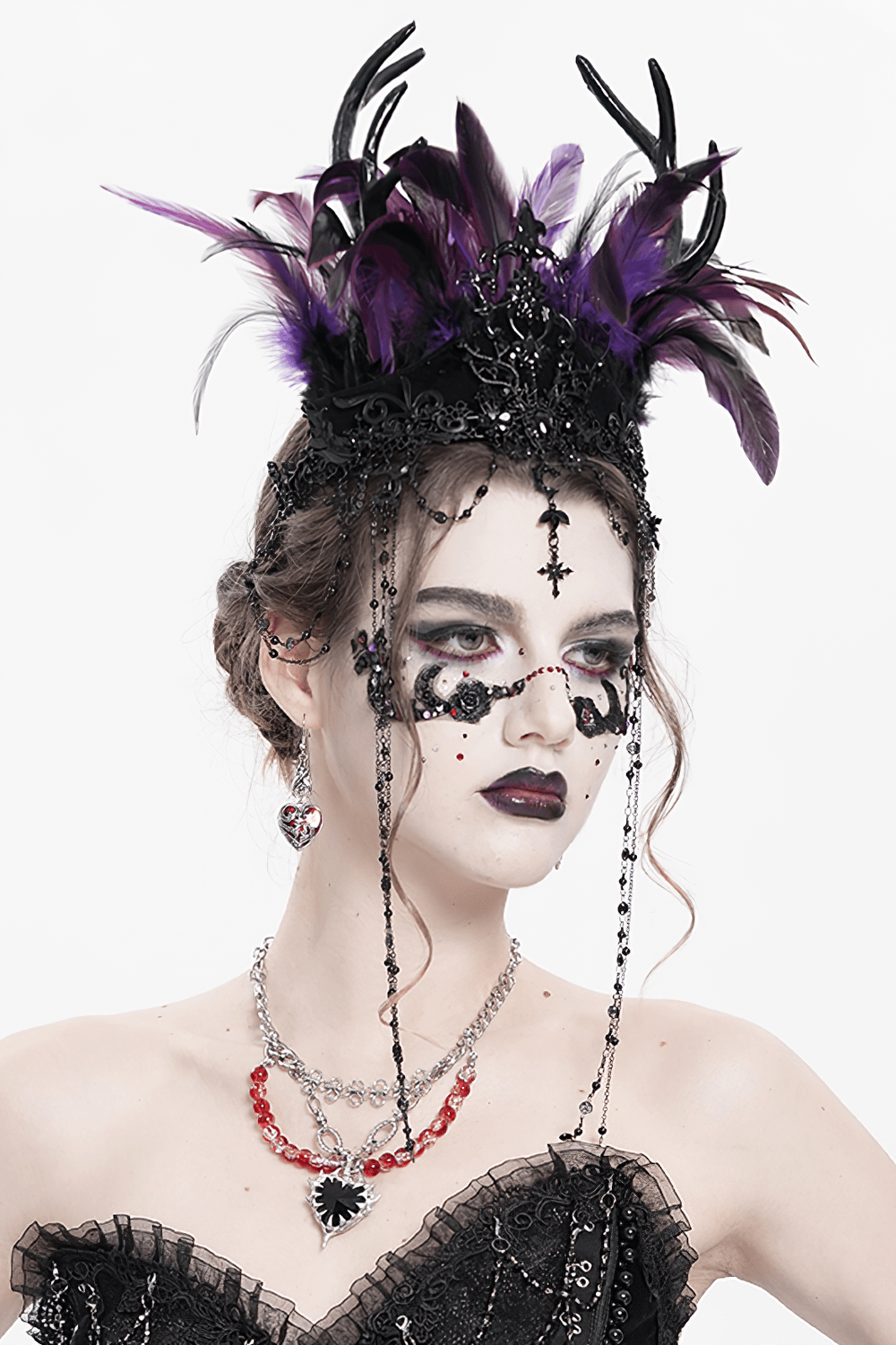 Gothic Feathered Headpiece with Chain and Cross Ornaments