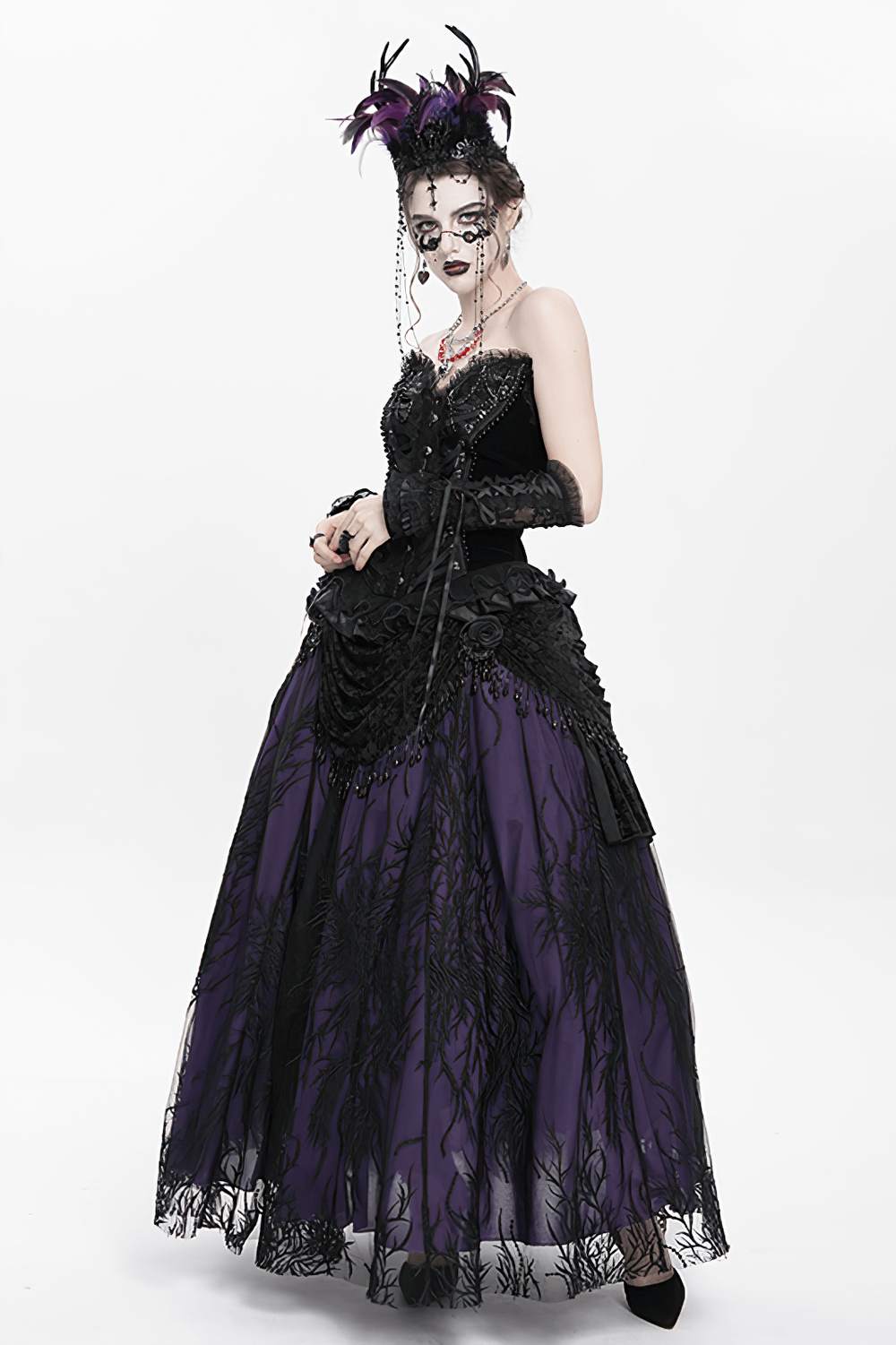 Gothic Feathered Headpiece with Chain and Cross Ornaments