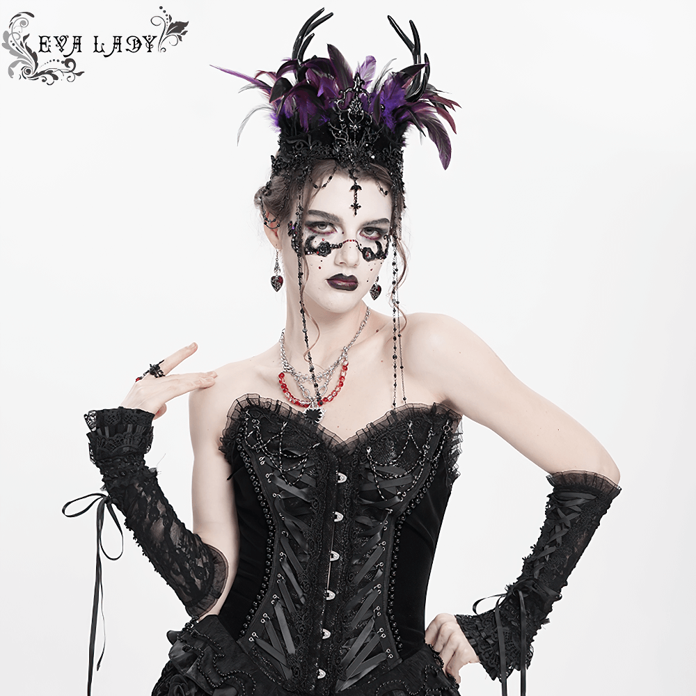 Gothic Feathered Headpiece with Chain and Cross Ornaments
