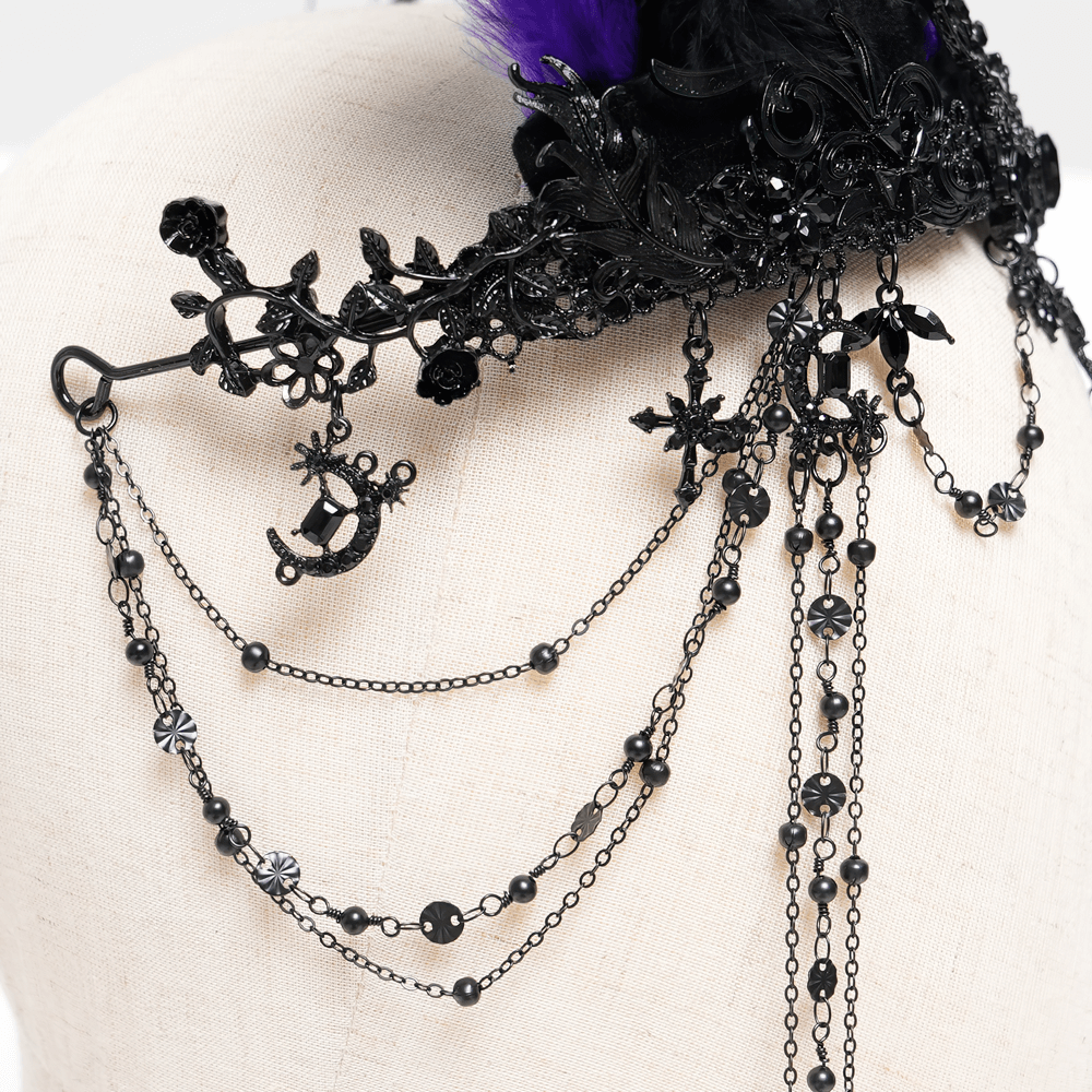 Gothic Feathered Headpiece with Chain and Cross Ornaments